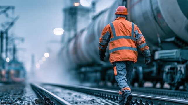 Worker in orange safety jacket and helmet walking along railroad tracks near large industrial tanker train during foggy weather in industrial transportation setting