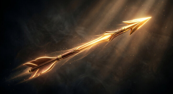 A magical glowing golden arrow flying through dark atmosphere with light rays.