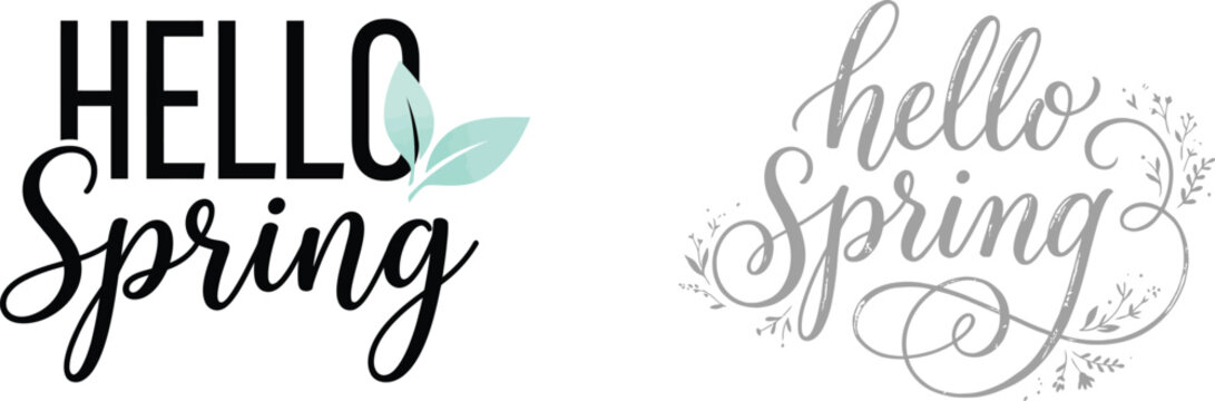 Elegant "Hello Spring" typography collection with floral and leaf decorative elements