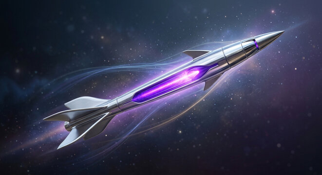 Futuristic silver rocket with glowing purple energy core soaring through deep space.