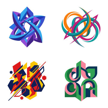Colorful abstract geometric three dimensional shapes set for modern logo design.