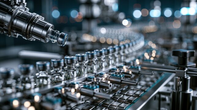 Precision robotic arm filling transparent glass bottle with liquid on automated pharmaceutical production line in modern industrial factory environment