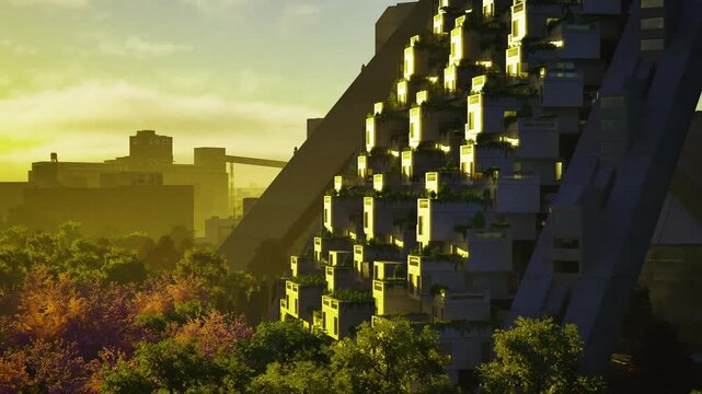 Early morning cascading housing blocks with cool light, misted skyline behind, shallow shadows revealing textured terraces and planter boxes, impression