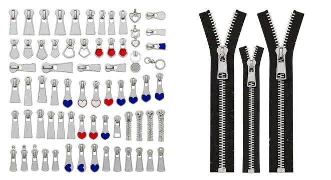 Assortment of zippers with sliders, pulls, and related hardware components for sewing and apparel.