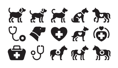Obraz premium Veterinary icon set featuring dogs with hearts plus medical equipment on white background.