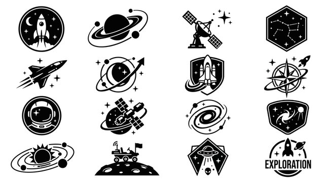 Black and white space icons set.