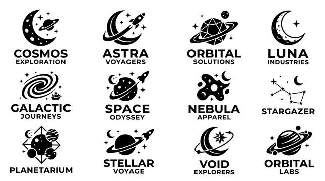 Black and white space logos set.