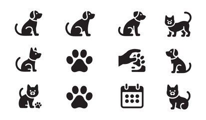 Cute animal icons set with dogs cats paw prints and calendar for pet services. © MD.RAHIM