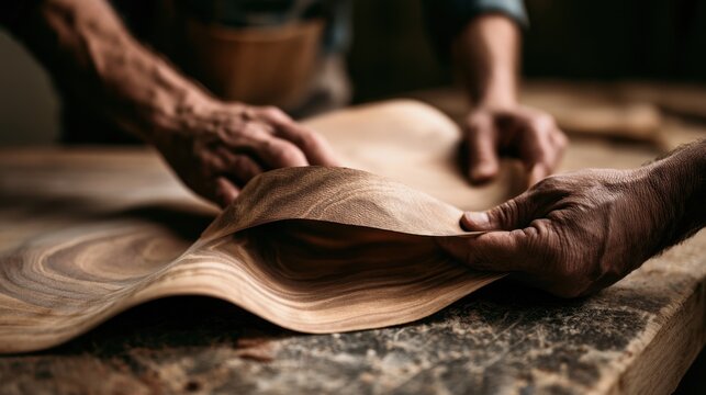 Close-up of skilled hands carefully handling thin flexible wooden veneer sheet over rustic wooden table in artisan woodworking workshop with soft natural light