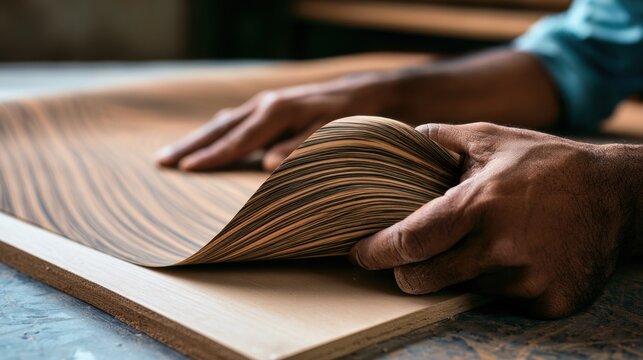 Close-up of hands flipping through thin sheets of veneer wood on a wooden surface showing texture and quality in a woodworking or carpentry workshop environment