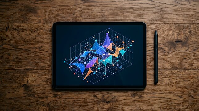 Digital tablet displaying abstract network data visualization on wood