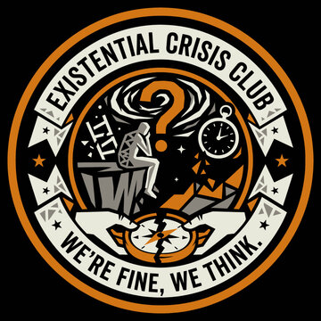 Existential Crisis Club Vintage Badge Illustration With Question Mark And Clock.