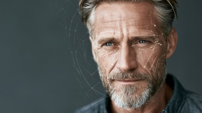 Close-up portrait of mature man with gray hair and blue eyes showing detailed face features, wrinkles, beard, and serious thoughtful expression on neutral background
