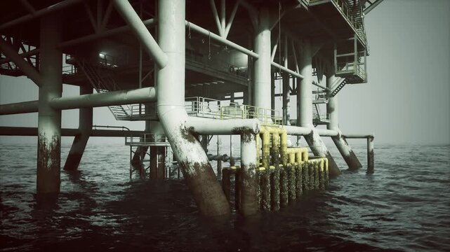 Closeup corroded skirt and piping with inspection tags and tidal marks, marine growth and textured metal surfaces, focus on wear patterns and structural details