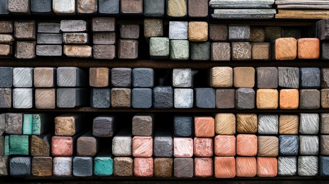Assorted collection of various wooden blocks in different colors and textures tightly arranged in a rectangular grid pattern with visible grain and aged surface details