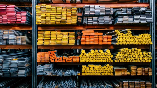 Organized industrial storage shelves with colorful stacked metal bars and rods in yellow, orange, red, and gray, showcasing sorted inventory in a warehouse environment