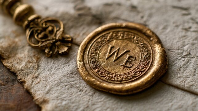 Close-up of antique golden wax seal stamp and textured paper with ornate decorative design featuring initials on vintage letter background