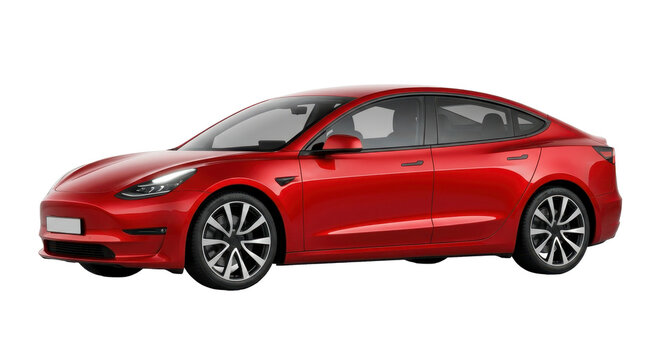 A sleek red electric sedan car, a modern tesla model 3, is captured in a crisp studio shot with a clean white background, highlighting its aerodynamic design and vibrant color.