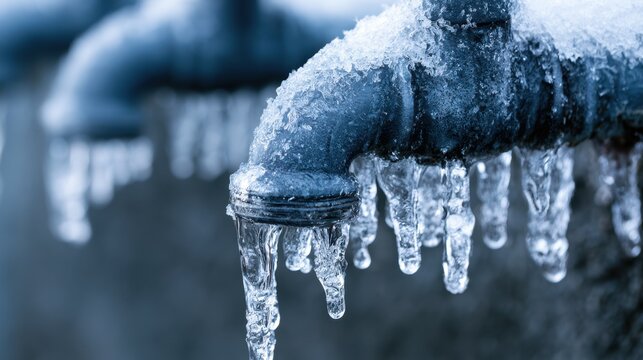 Close-up of frozen metal pipe with icicles hanging during winter cold freeze showing clear ice formation and frozen water drops on outdoor plumbing system
