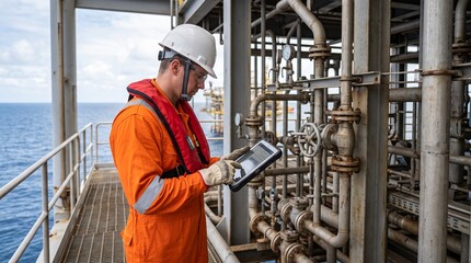 Fototapeta premium Offshore Platform Engineer Using Digital Tablet During Oil and Gas Facility Inspection Above the Ocean