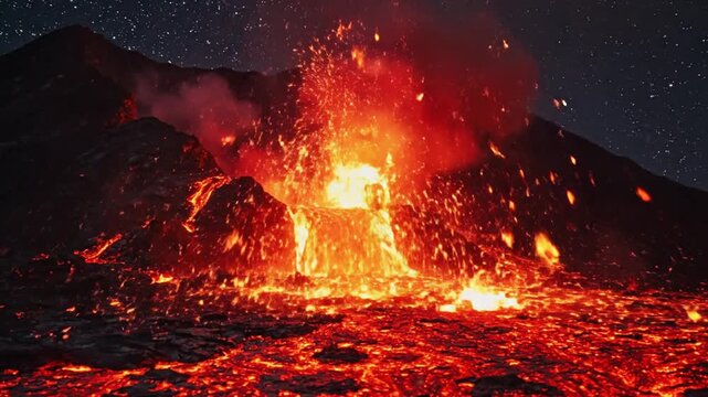 Volcanic eruption occurs at night on mountain with lava flowing freely.