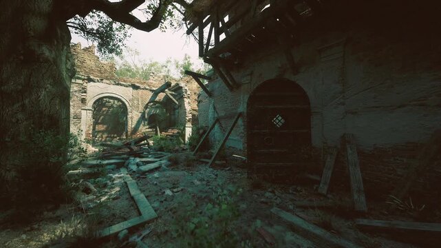 Dusk courtyard ruins with soft light germany cool palette and long shadows frame empty thresholds and silent passages, contemplative mood inviting reflection