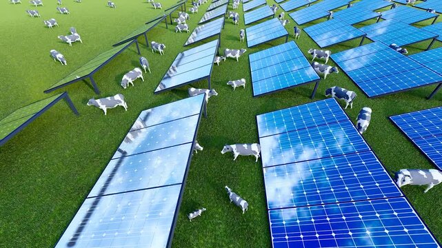 Aerial view of a cattle farm generating photovoltaic power(3D software Lumion makes non-AI)
