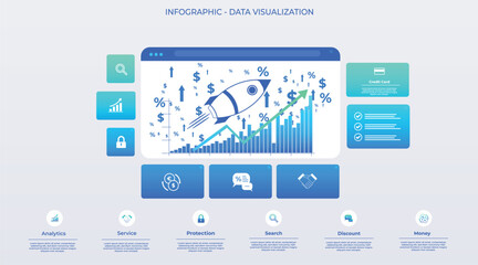 Naklejka premium Futuristic cryptocurrency launch infographic featuring a rocket,(green and blue) upward-trending financial data and statistical bars, and a six-button interface. Represent exponential growth in value