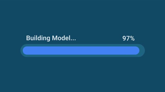 Animated motion graphics showing a blue progress bar building a model up to 97 percent over a transparent alpha channel background. Represents artificial intelligence training or machine learning.