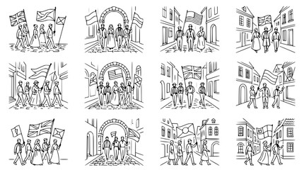 Obraz premium Historical Procession with Flags and Old Buildings, Vintage Line Art