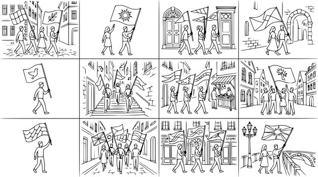 Protest March: People with Flags Walking on City Streets, Demonstrating and Marching