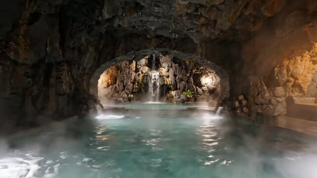 Underground Cave with Waterfall and Illuminated Stalactites.