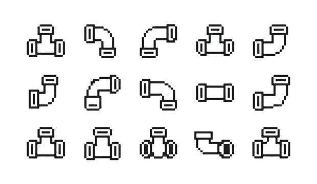 Minimalist outline pipe fitting pixel art icon set for construction and repair graphics.