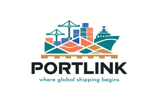Shipping port logistics logo featuring containers and cargo ship shipping logistics container transport industry