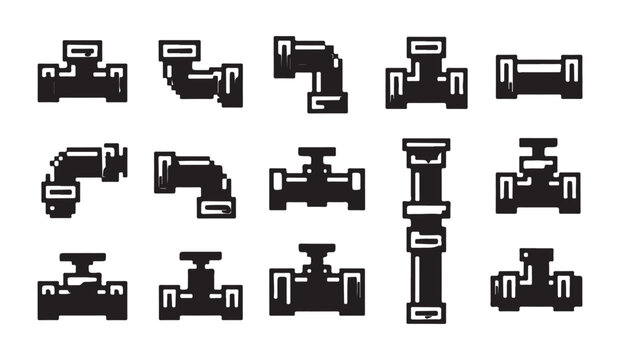 Black silhouette plumbing pipe fitting icons set for construction and industrial diagrams.