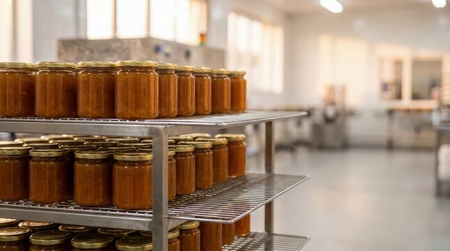 Jam jars cooling on metal racks inside food processing facility, mass production and food preservation concept.