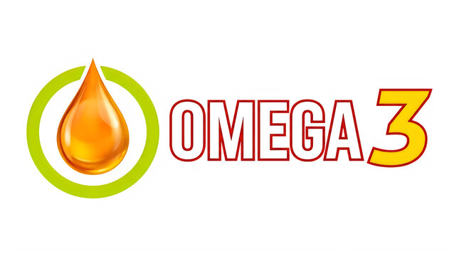 Omega 3 fatty acid supplement logo with a golden oil drop icon inside a green circle isolated on transparent background