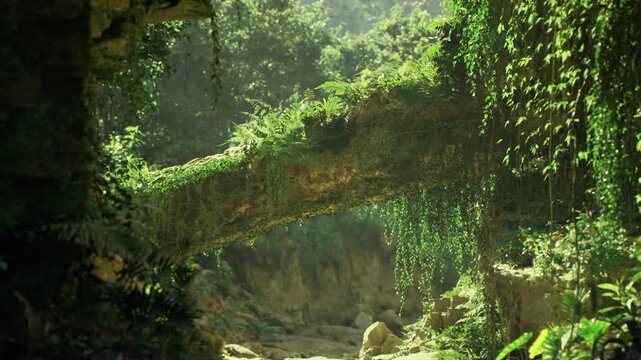 Sunlit Indonesian riverbed flowing under mossy stone arch, textured pebbles and sandy patches, filtered canopy light, contrast of shadow and glow, nature travel