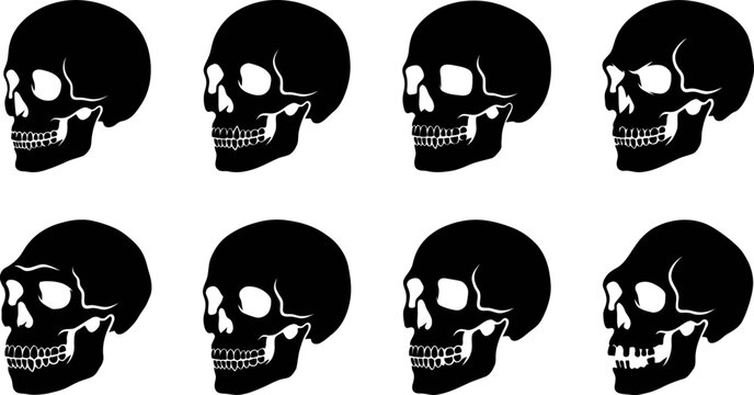 Side View Human Skull Halloween Vector Bundle With Black Skull Silhouettes for Cricut Crafts, Sublimation, Laser Cut, Printable Clipart, Stickers, and Digital Download