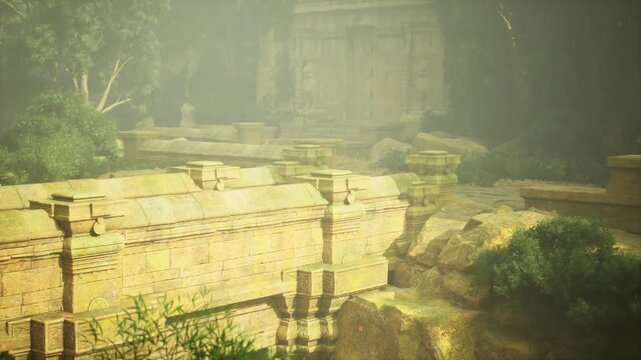 Sunlit narrow Chacoinspired stone corridor framed by ruined walls and fern understory, warm rays slicing through haze, inviting exploration and heritage