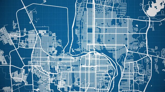 Ink reveal animation of Laredo city, Texas (TX), United States of America, grid map. Aerial top view. Blueprint style. White lines with blue background. 4K Seamless loop.