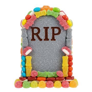 Candy tombstone with chocolate rip lettering and colorful gummy border isolated on white background