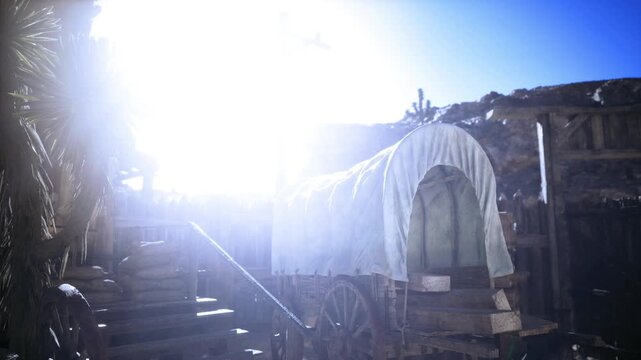 Dawn covered wagon in namibia plains, expedition gear and canvas shelter, soft orange light, wooden steps and platform, distant horizon line, empty camp