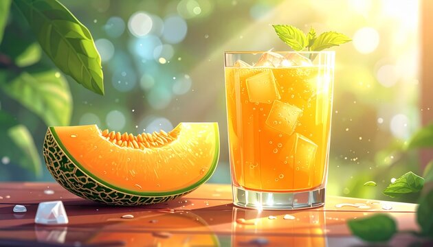 Refreshing glass of cantaloupe juice outdoors.