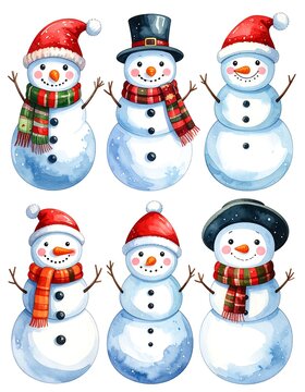 A group of six cheerful snowmen in various hats and scarves