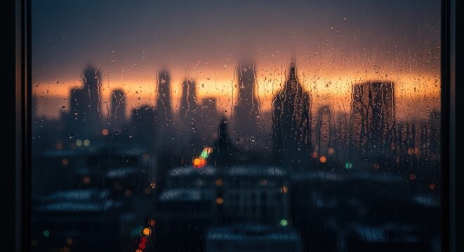 Rainy city skyline seen through window at sunset