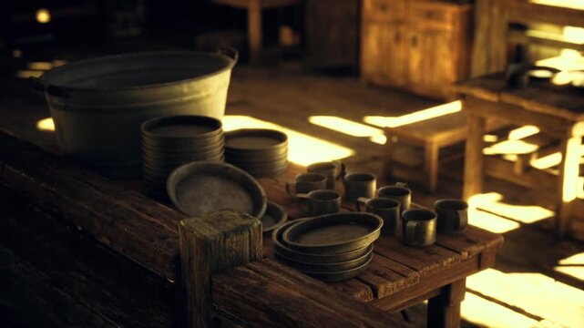 Stacked ceramic cups under golden light, Namibia studio composition with neatly arranged vessels on workbench, soft rim highlights, quiet workshop mood, tactile