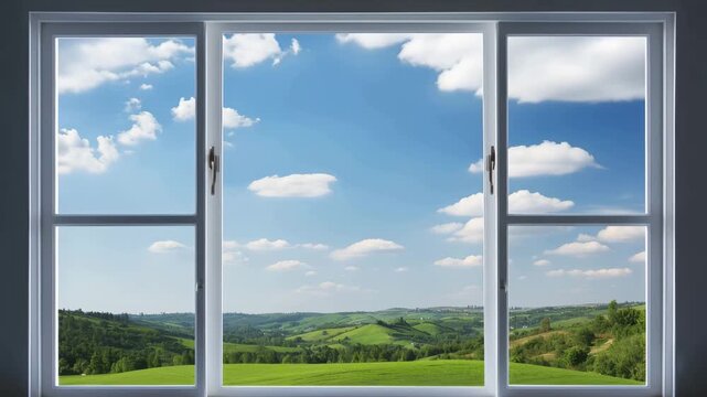 Modern White Window Framing a Beautiful Blue Sky with Soft White Clouds