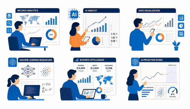 Artificial intelligence prediction model with neural network visualization and analytics. Futuristic technology illustration for machine learning, forecasting, research, and innovation