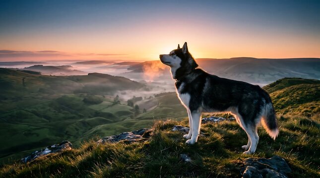 Beautiful Siberian husky dog standing on a green grassy hill during a misty morning sunrise.